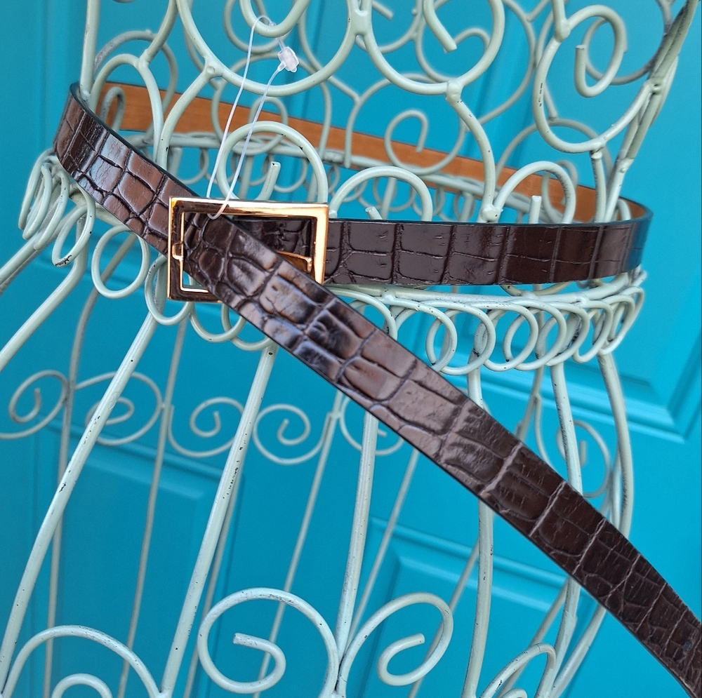 Genuine Leather Belt Alligator Embossed Thin Real Leather Vintage Belt